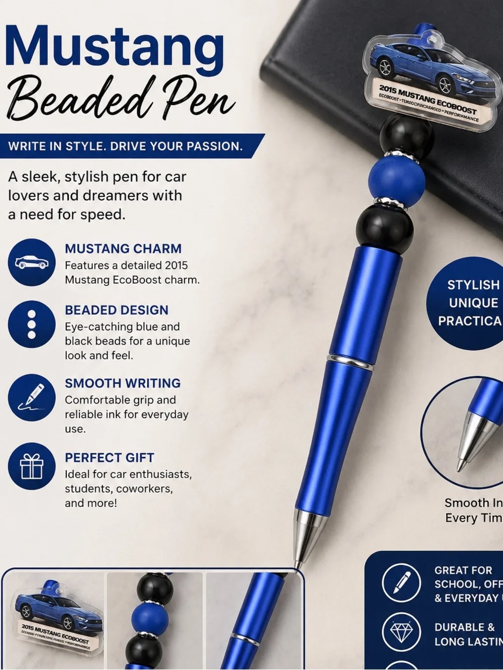 Hand Crafted Blue and Black Decorative Bead Pen
